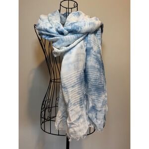 Avenue 9 Clouds‎ in the Sky Blue White Tie Dye Frayed Scarf Wrap 74x29 NEW